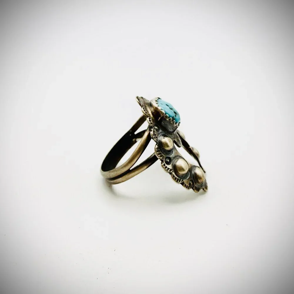 T. YAZZIE NAVAJO STERLING TURQUOISE NAJA RING SIZE 8.5